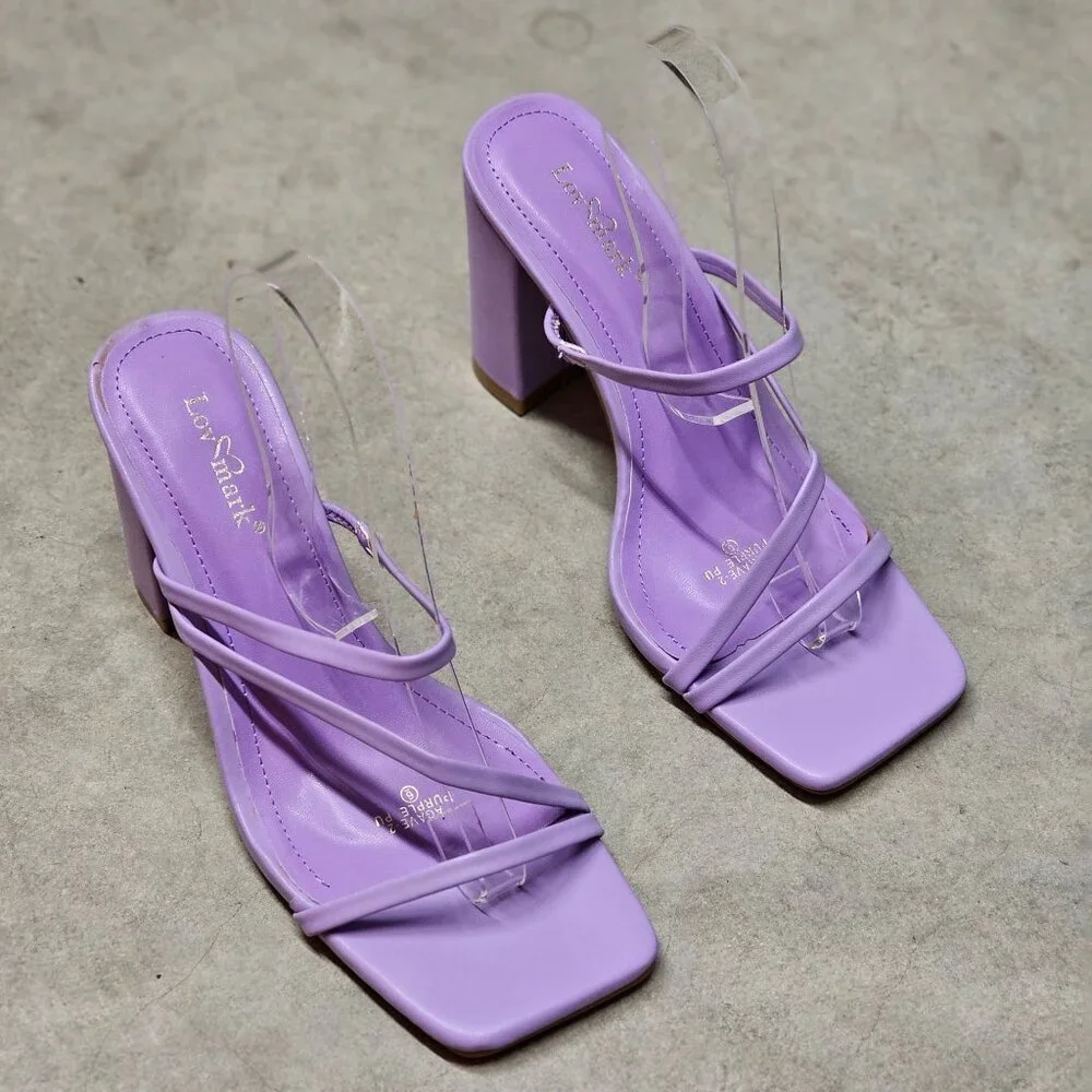 Purple Block Heel Sandals With Strappy Design Open Toe For Women